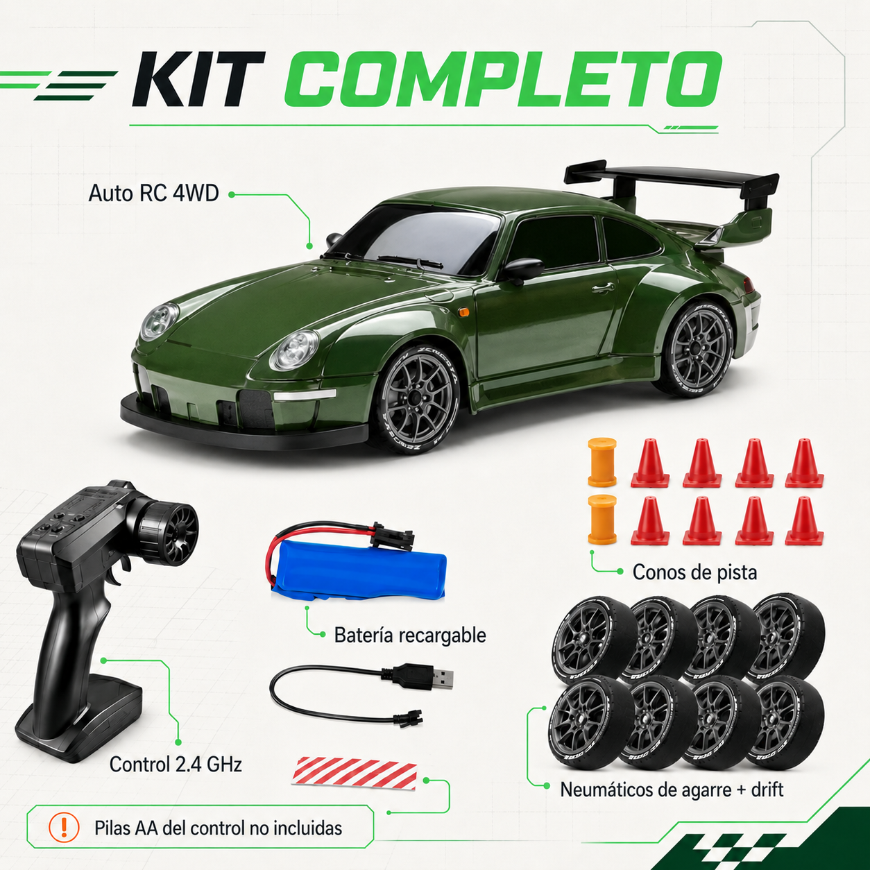 Zenbrya Drift R24 verde con control, batería, neumáticos y conos